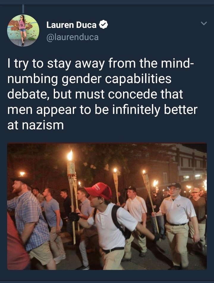 picture of prominent white liberal feminist saying that men are better at nazism than women